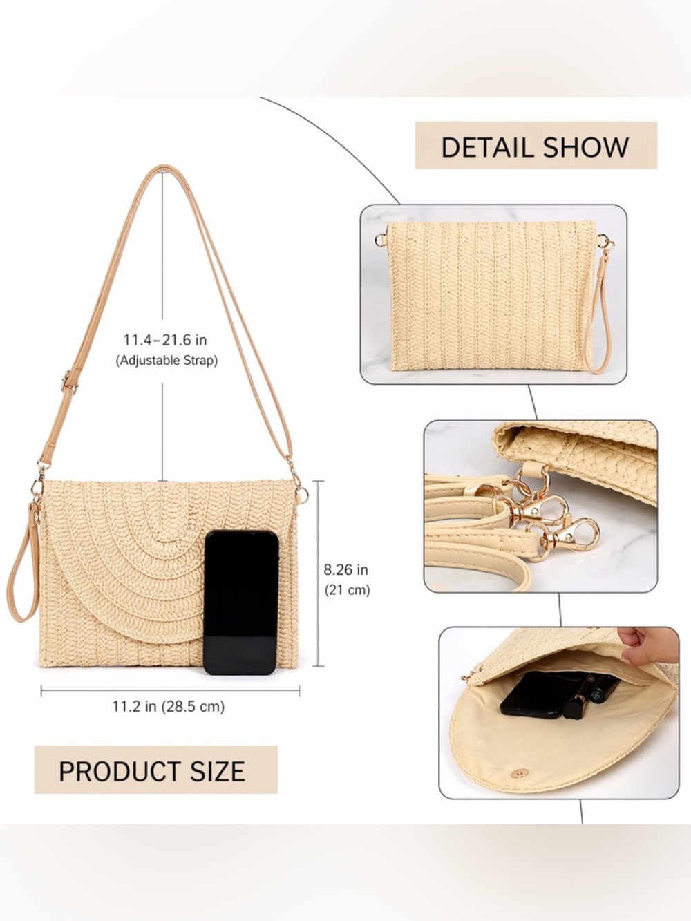 Straw Woven Crossbody Clutch, Summer Beach Bag Boho Chic Purse , green - Picture 4 of 5